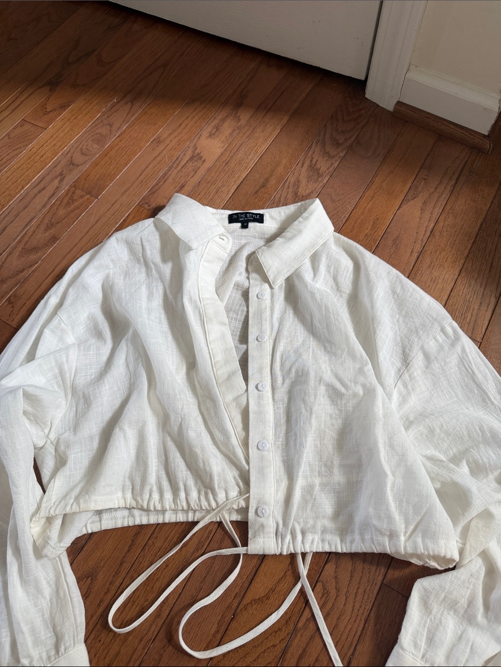 The Style White Cropped Button-Down Drawstring Shirt